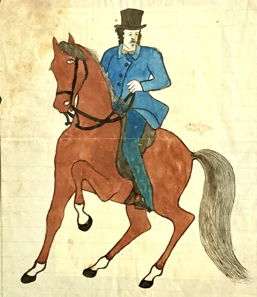 23-090. Folk Art watercolor of a “Gent on a horse"