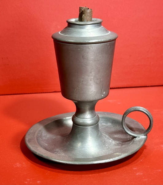24-144. Pewter two burner whale oil chamber lamp