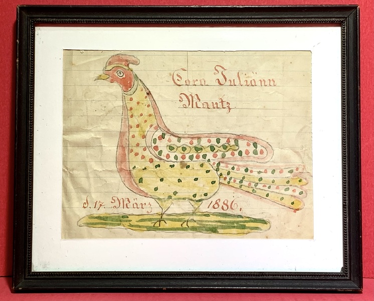 21-180. PA fraktur watercolor drawing of a rooster