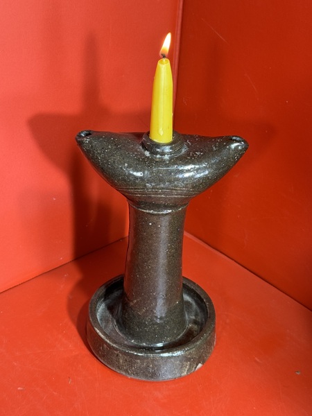 25-091. Ohio Stone Ware Double Spout Grease Lamp