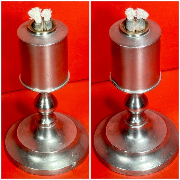 24-148. Pewter double burner whale oil lamp