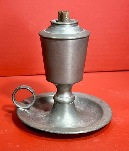 24-144. Pewter two burner whale oil chamber lamp