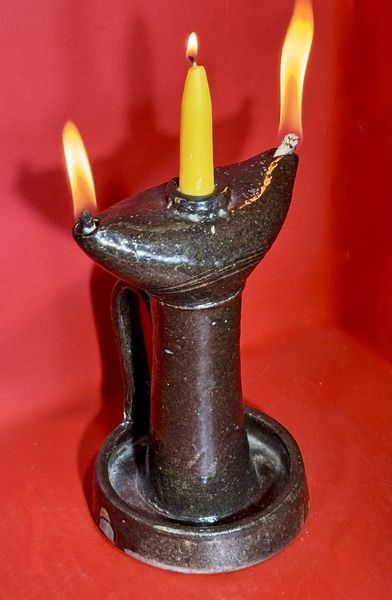 25-091. Ohio Stone Ware Double Spout Grease Lamp