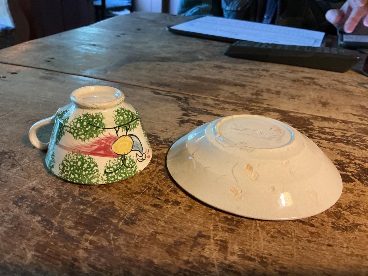 Early Stick Spatter Childs CUP AND SAUCER Peafowl