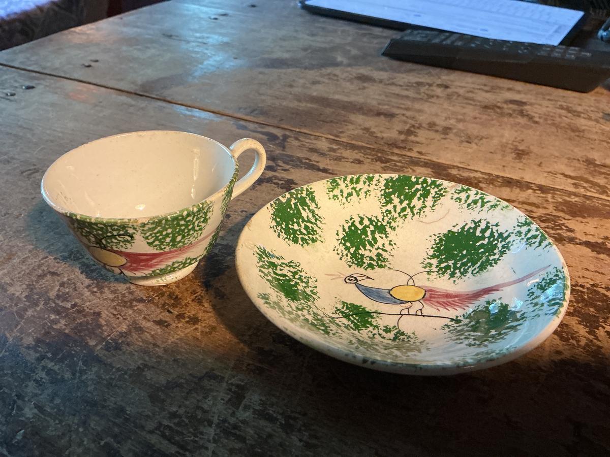 Early Stick Spatter Childs CUP AND SAUCER Peafowl