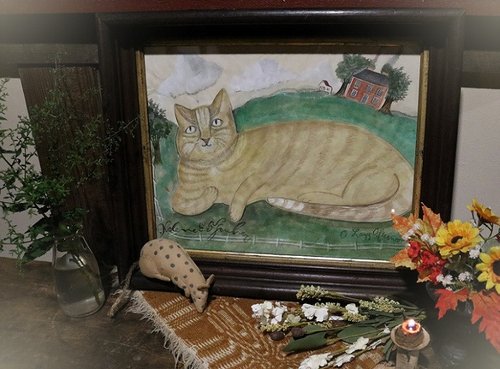 Original Watercolor Folk Art Cat Painted Signed