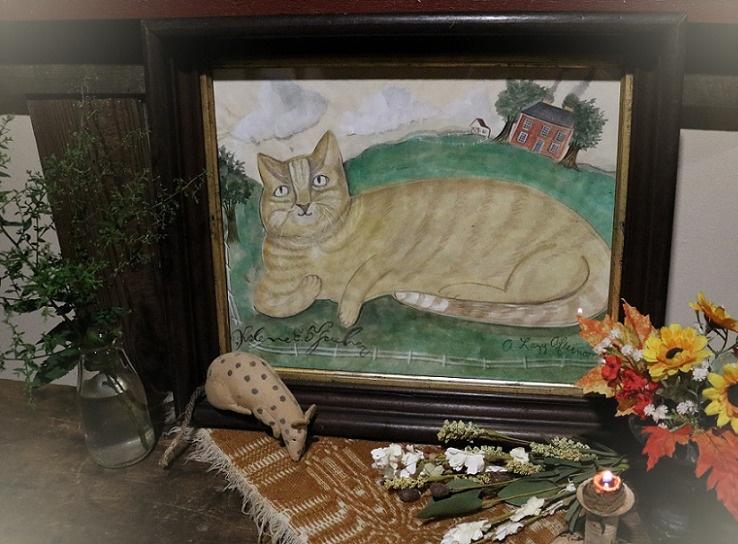 Original Watercolor Folk Art Cat Painted Signed