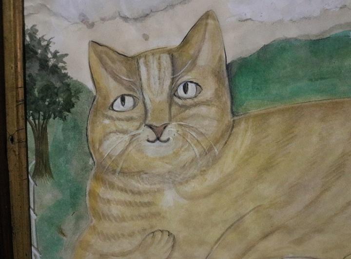 Original Watercolor Folk Art Cat Painted Signed