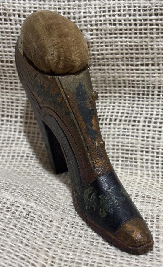 Early Folk Art Wooden Shoe Pincushion