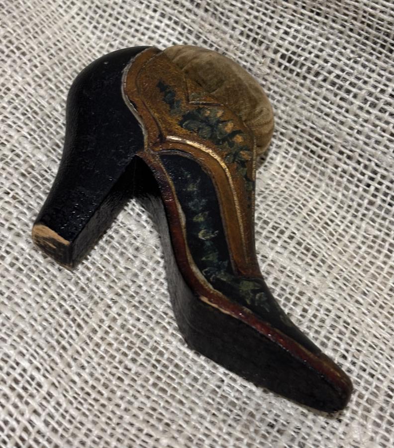 Early Folk Art Wooden Shoe Pincushion
