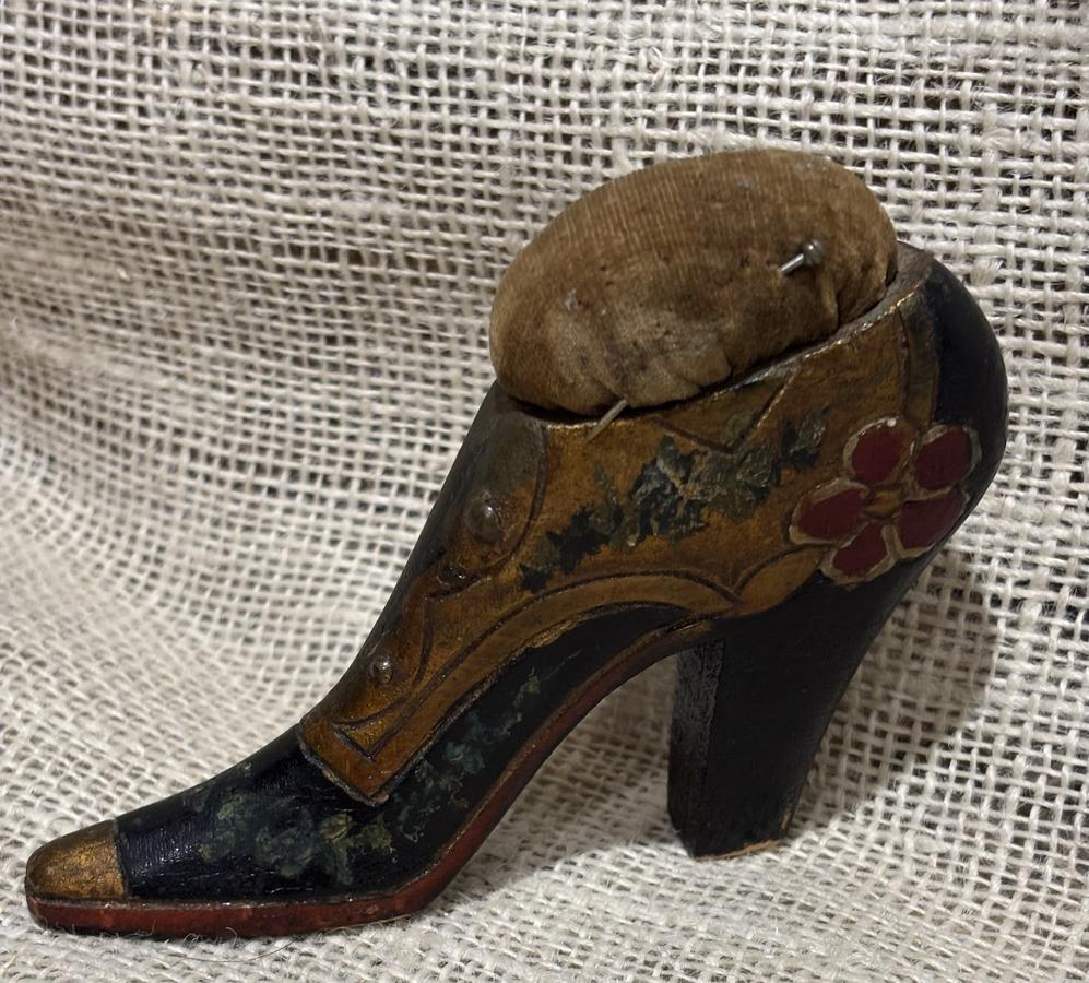 Early Folk Art Wooden Shoe Pincushion