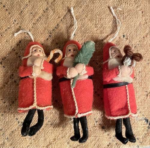 Three Vintage Felt Santa Ornaments