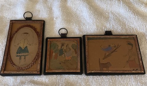 Three Framed Miniature Childs Drawings 19th. C.