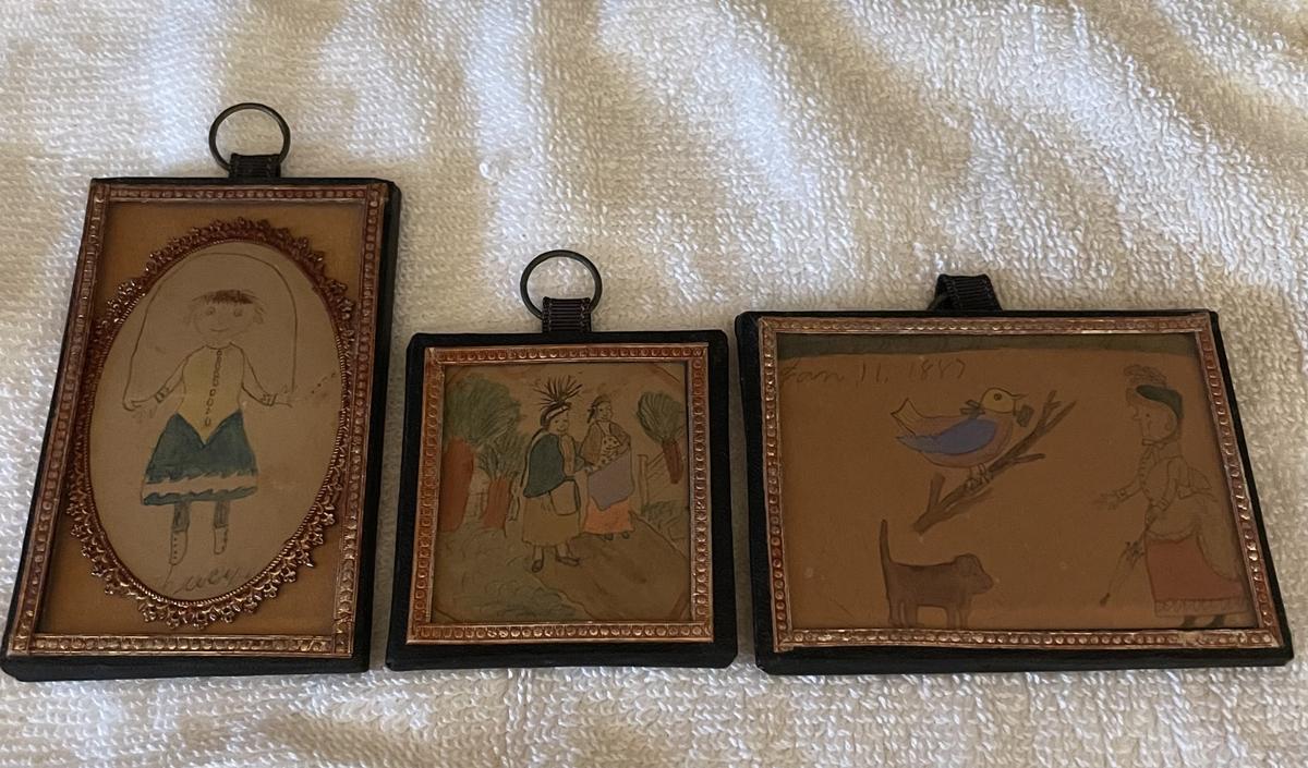 Three Framed Miniature Childs Drawings 19th. C.