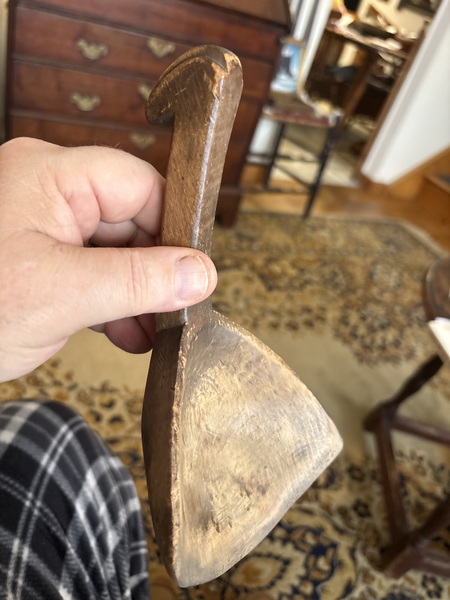 Tiger maple carved handle butter scoop 19th centur