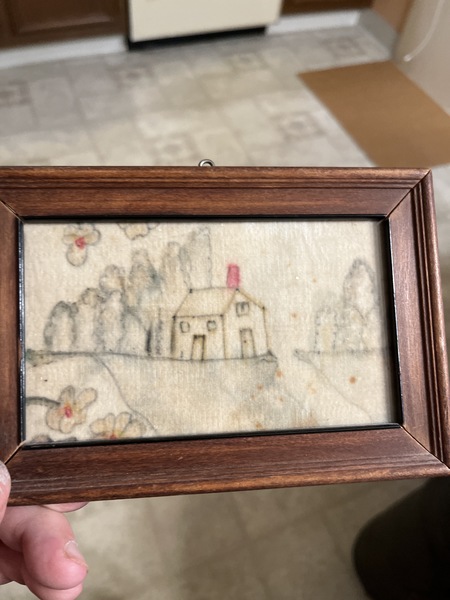 19th century folk art drawing of house on felt