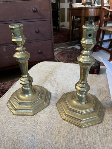 18th C Bold 1720 Pair of French Brass Candlesticks