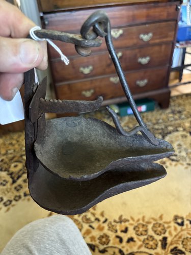 Early 18th century iron double grease lamp must c.