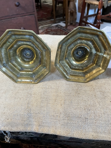 18th C Bold 1720 Pair of French Brass Candlesticks