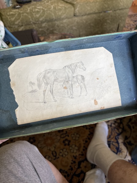 19th c wallpaper storage box inside pencil drawing