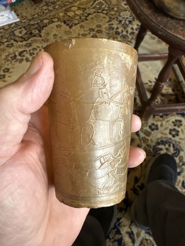 Scrimshaw carved hunt scene 18th century horn cup