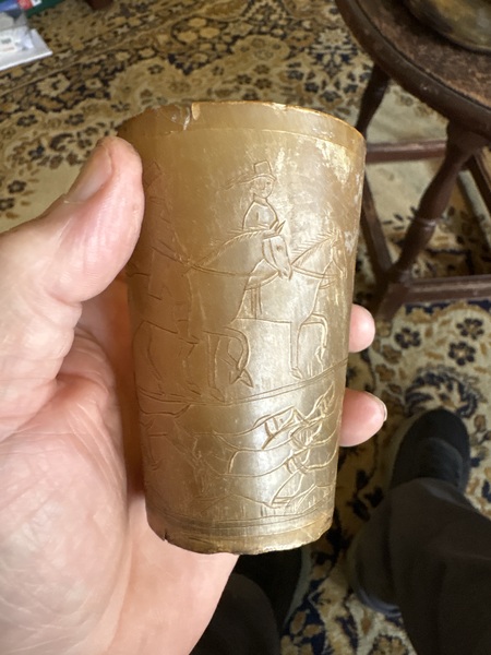 Scrimshaw carved hunt scene 18th century horn cup