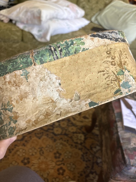 Early 19th century wallpaper oval storage box