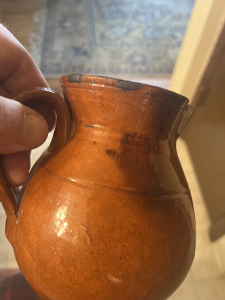 Early 19th century Red-ware pitcher with slip nice