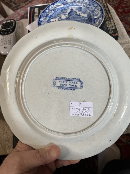 Amer. NYC Hall Historical Blue Dish J&W Ridgeway