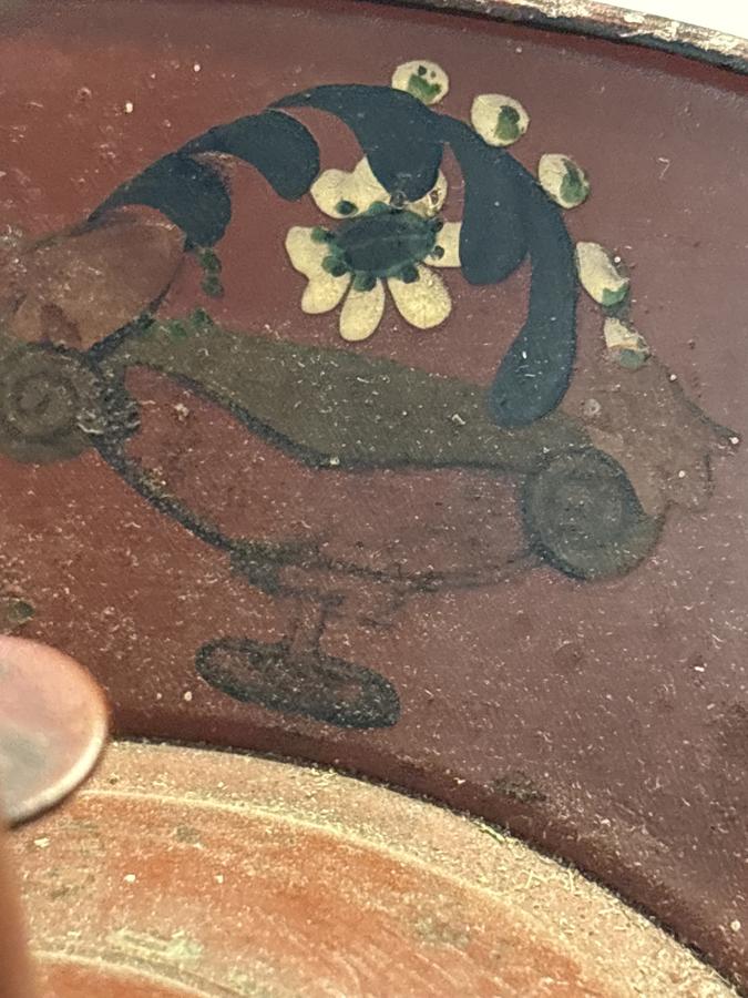 Early 19th c. original paint red tin chamberstick
