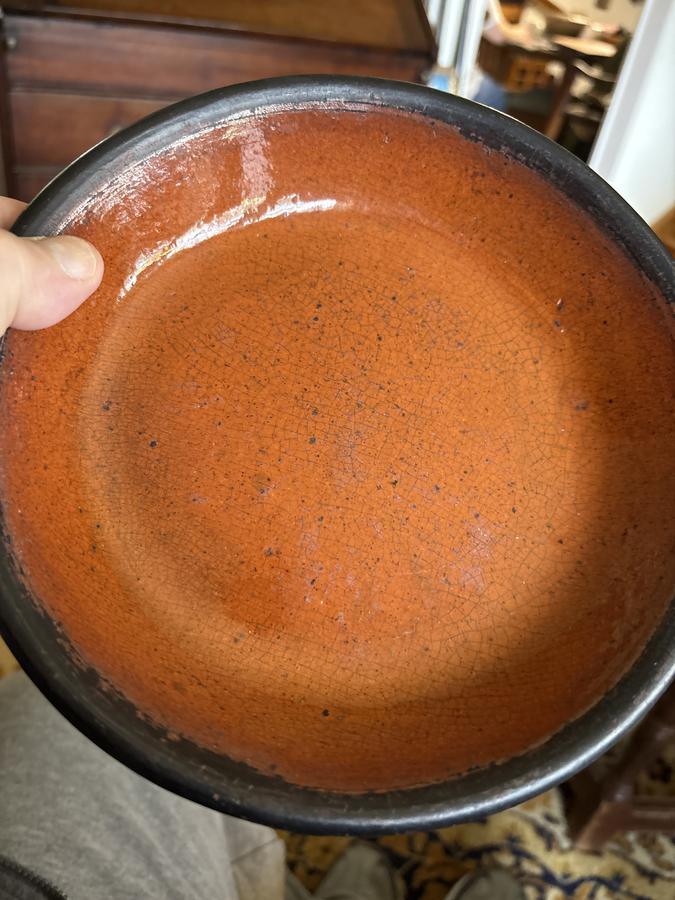 Pumpkin orange 19th century Redware pie plate Pa.