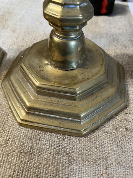 18th C Bold 1720 Pair of French Brass Candlesticks