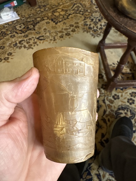 Scrimshaw carved hunt scene 18th century horn cup