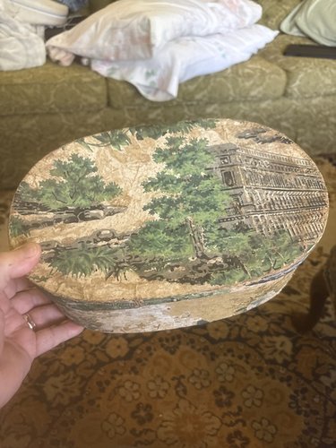 Early 19th century wallpaper oval storage box