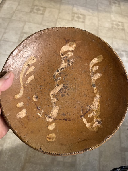 Pa 19th century Redware pie plate 8 3/4 inches wit