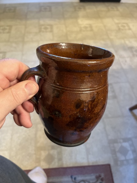 19th c. Pa. Red-ware slip design cooking pot nice