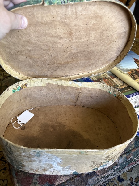 Early 19th century wallpaper oval storage box