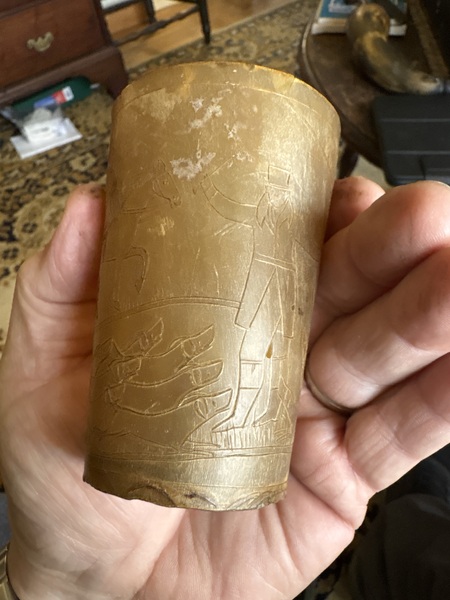 Scrimshaw carved hunt scene 18th century horn cup