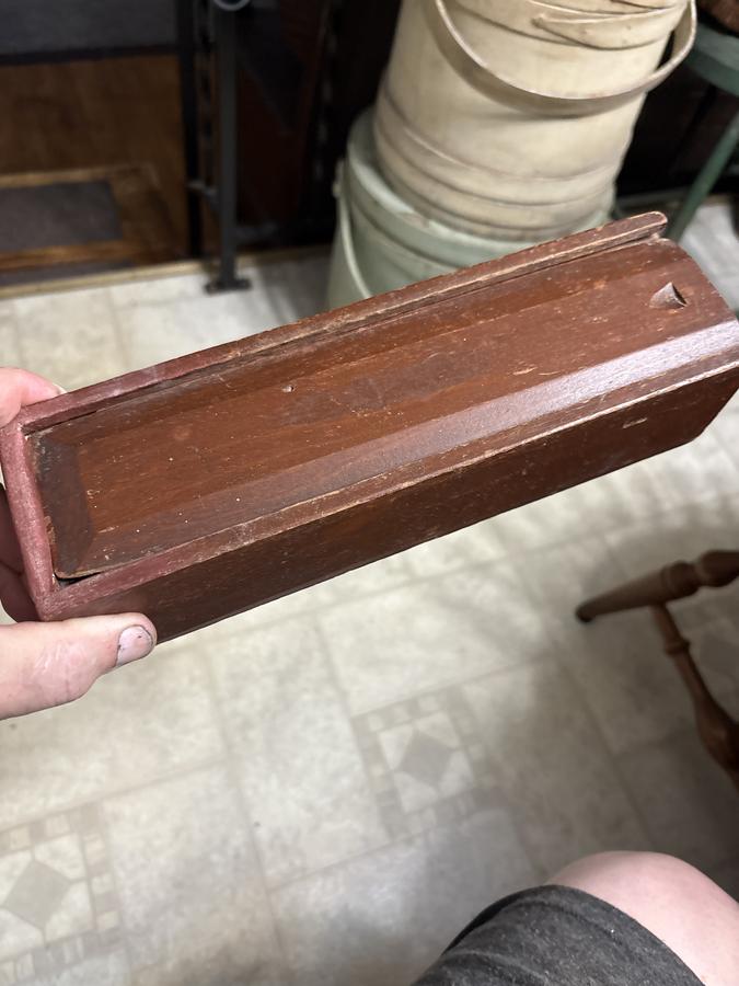 18th century T head nail slide lid box red paint
