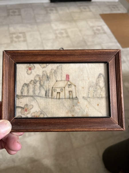 19th century folk art drawing of house on felt
