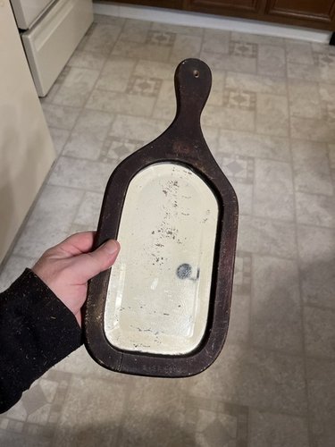 Early 19th century painted hand mirror super surfa