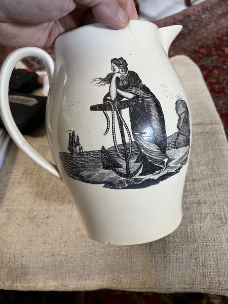 18th C. 8 in. tall Liverpool black & white Pitcher