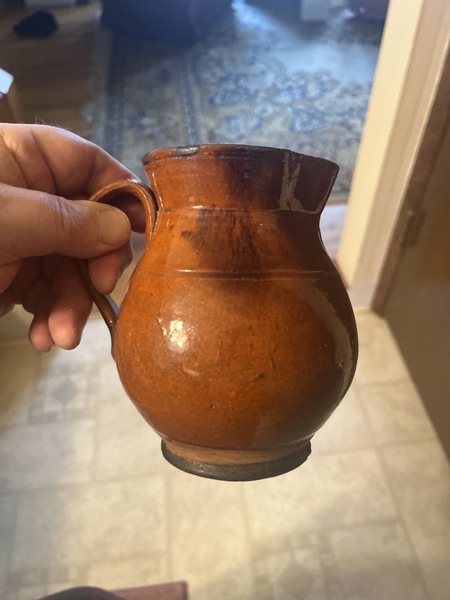 Early 19th century Red-ware pitcher with slip nice