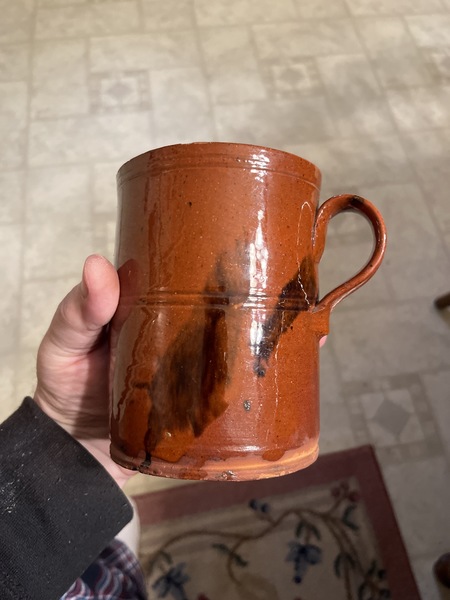 Early 19th century red-ware tavern mug with slip