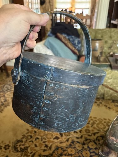 19th c. Swing handle blue painted pantry box nice