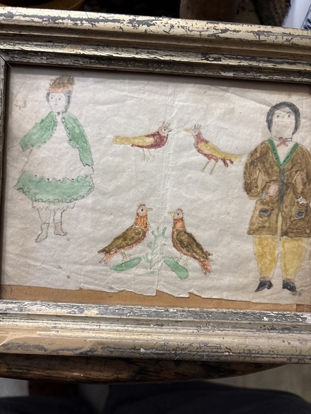 American folk art watercolor early 19th c. People