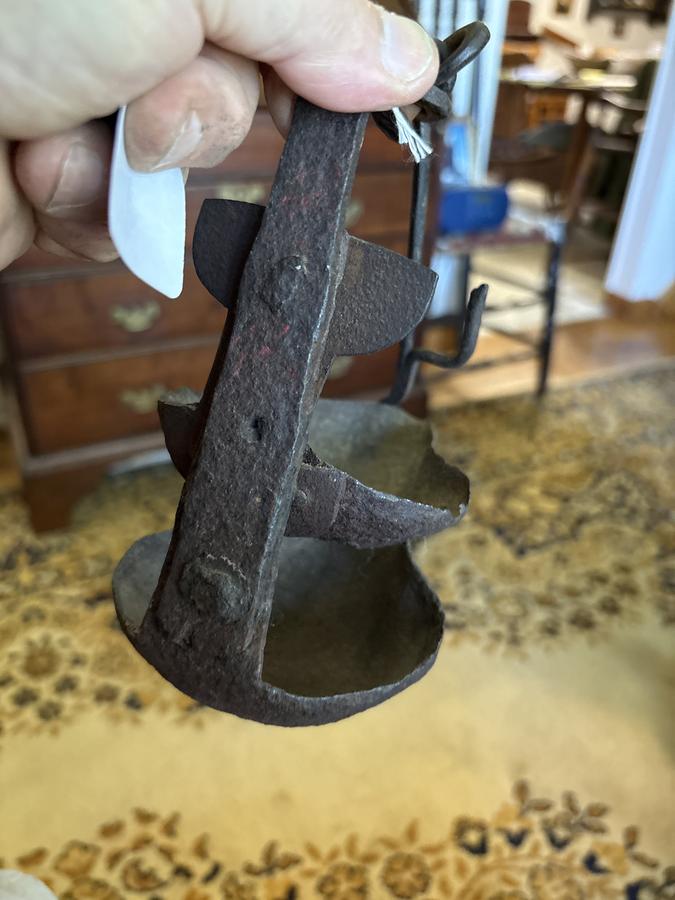 Early 18th century iron double grease lamp must c.