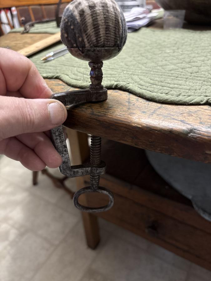 18th century iron table mounted sewing cushion