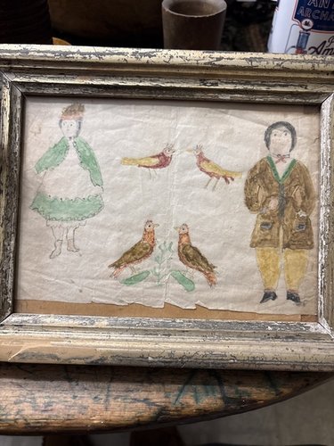 American folk art watercolor early 19th c. People