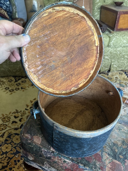 19th c. Swing handle blue painted pantry box nice